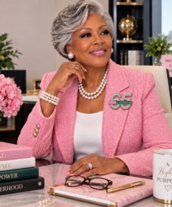 AKA 65 PearlSoror pin on model wearing a pink blazer