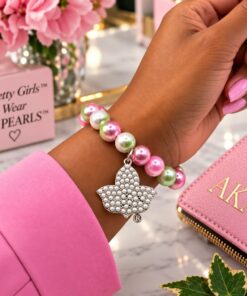 AKA Ivy Ombre Pearl Bracelet on hand model with pink cuff