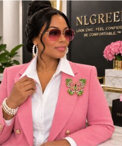 AKA Large Bling Butterfly Pin on model wearing pink blazer