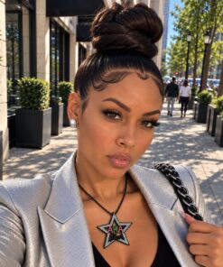 AKA Bling Star Necklace (Black) on Model Sidewalk Selfie Closeup